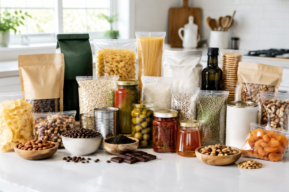 Shelf-stable grocery and gourmet pantry products in unbranded packaging